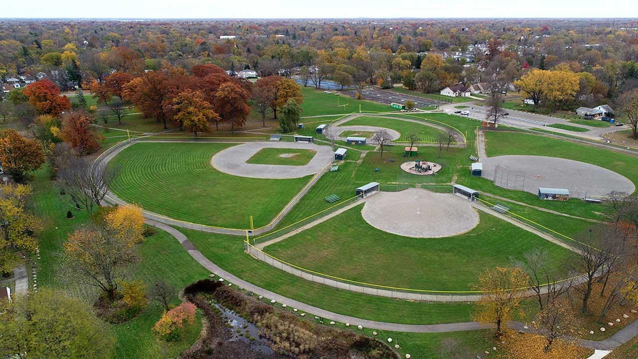 Aerial view of Stoepel Park in Detroit, Michigan, after Tetra Tech provided stormwater management services